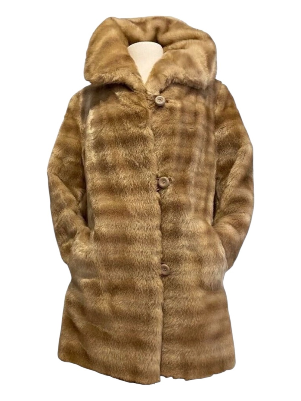 Lou Ritchie Montreal Vintage Faux Fur Hooded Coat Beige Brown Glamour Large Chic